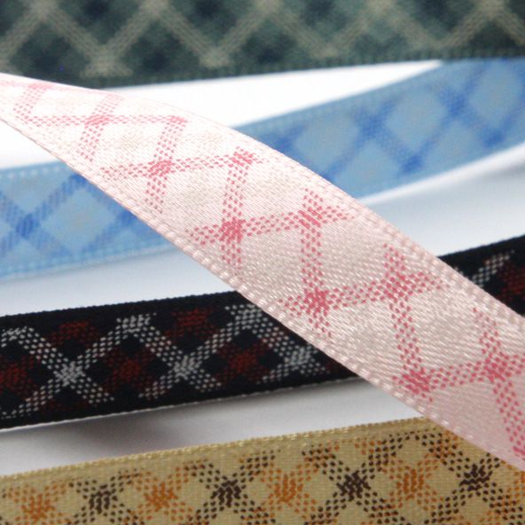 [廃番] チェックプリントリボン（両面サテン） #4 ブラウン